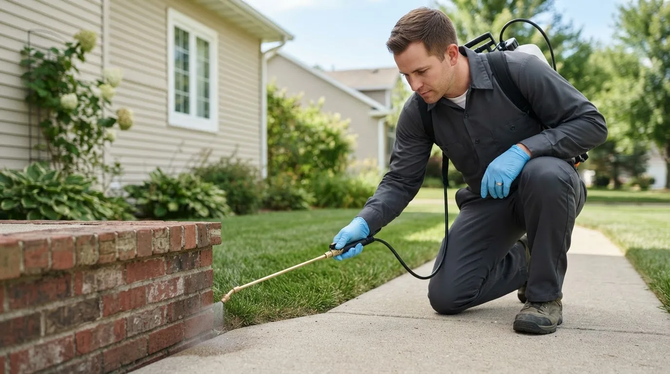 Pest control technician treating a home near New Kent, VA
